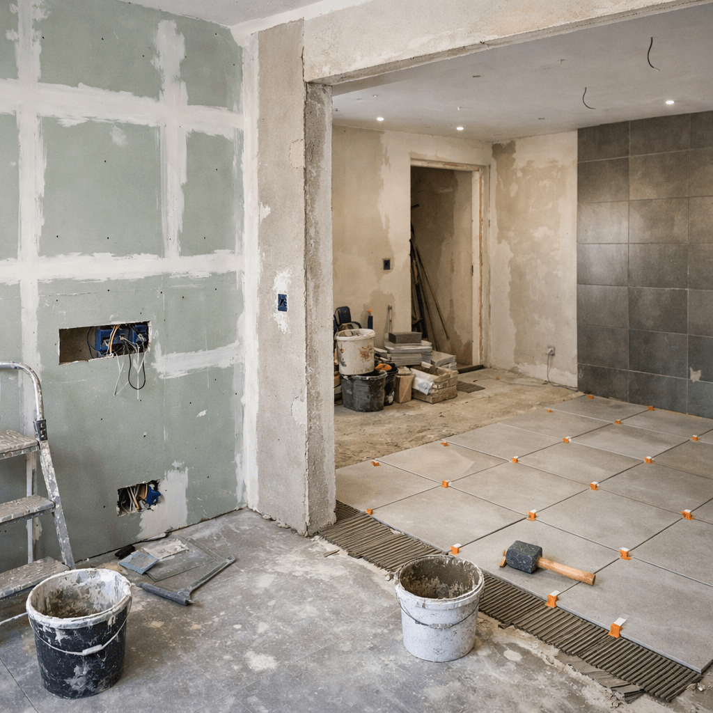Room under renovation with floor tiles being installed and construction materials around